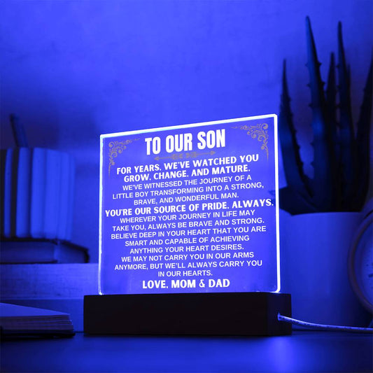 Elevate Your Gift Game: Dazzling Acrylic Plaque with LED-Lit Wooden Base - A Trendsetting Token of Love from Mom & Dad!